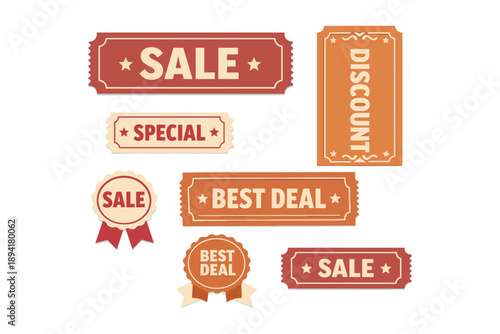 Retail sale tags and discounts collection in red and orange tones