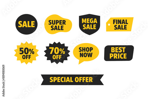 Bold black and yellow discount labels for retail promotions