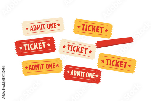 Colorful admit one and ticket stubs collection on white background