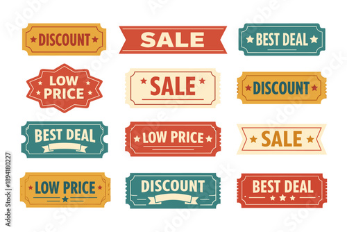 Retro sale tags and discount labels in various colors and styles