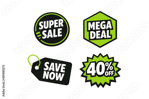 Super sale and mega deal badges with discount labels in black and green