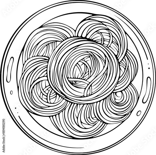 Spaghetti plate top view. Classic Italian cuisine dish made from wheat pasta. Design for menu, recipes, cooking blog. Vector illustration in hand drawn sketch doodle style. Line art isolated on white