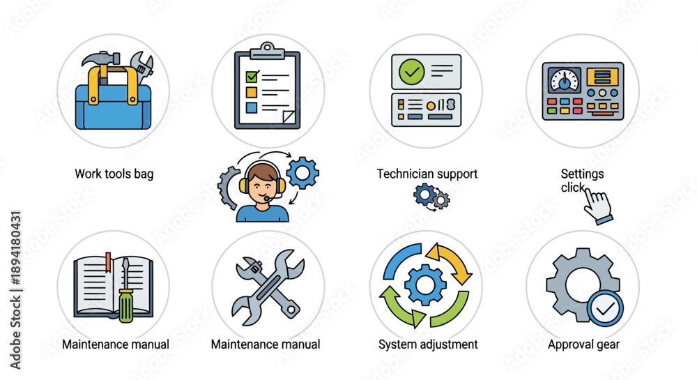 Fototapeta premium Technical support and engineering assistance icons, illustrating mechanical processes and