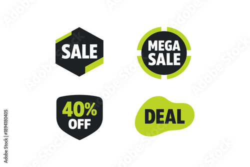 Collection of promotional badges: sale, mega sale, 40% off, deal