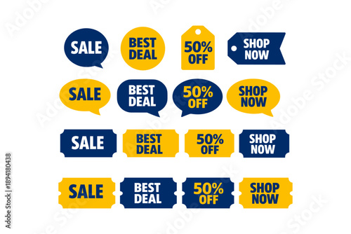 Yellow and blue promotional shopping labels: sale, best deal, 50% off, shop now