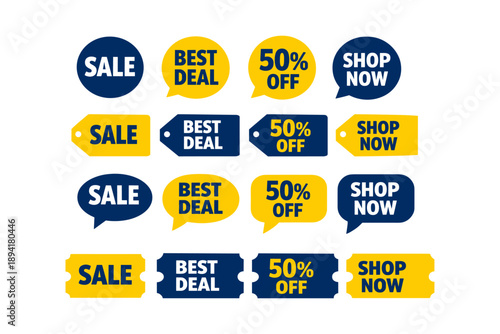 Colorful sale and discount stickers with best deals and shop now tags