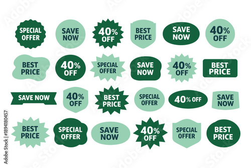 Collection of green promotional labels featuring discounts and special offers