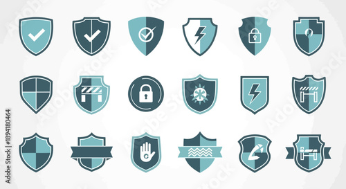 Collection of minimalist shield icons representing security assurance and protection elements in