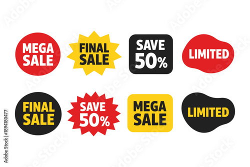 Colorful sale badges: mega, final, save 50%, limited offer