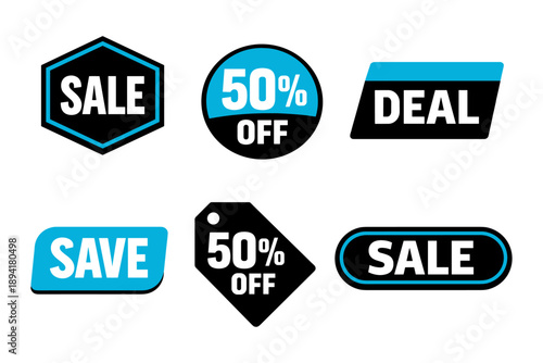 Various black and blue sale badges featuring discounts and deals