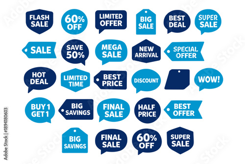 Assorted blue retail sale tags with discount offers and deals