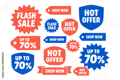 Flash sale graphic with hot offers and discount tags in red and blue