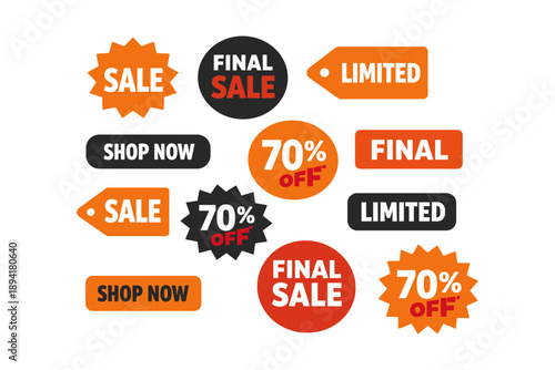 Bold shopping discounts and sale tags with 70% off and limited time offers