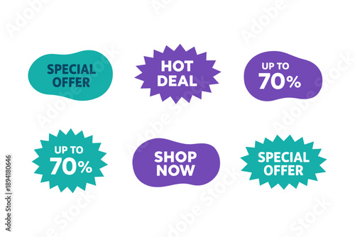 Bright sale badges with special offers and discounts in vibrant colors