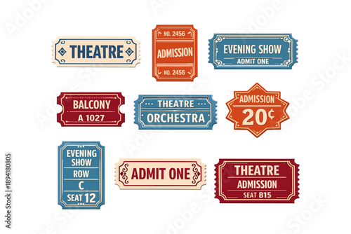 Vintage theater tickets collection with various designs and colors