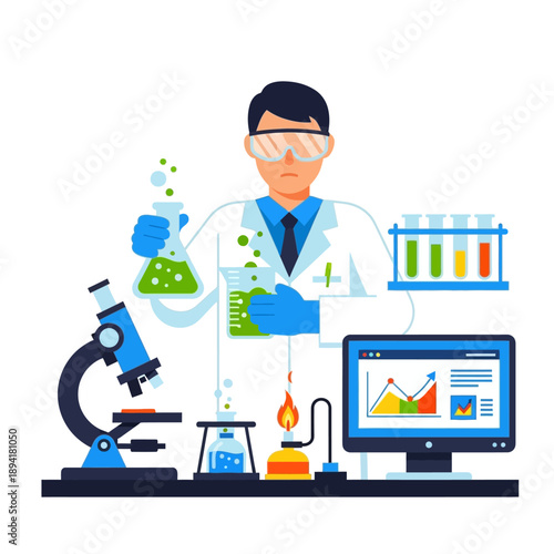 Scientist conducting experiment in laboratory with microscope, computer and beakers