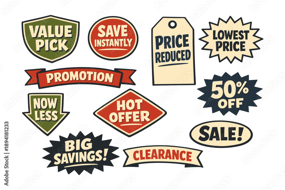 Fototapeta premium Colorful promotional labels highlighting discounts and savings on various offers