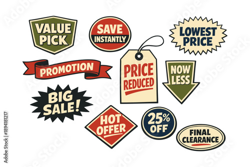 Sale badges with discounts and offers in retro style design