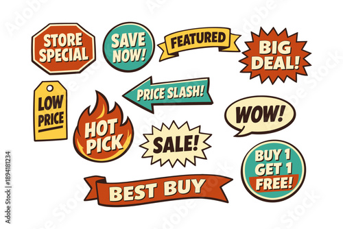Colorful retro sale stickers and discount tags collection