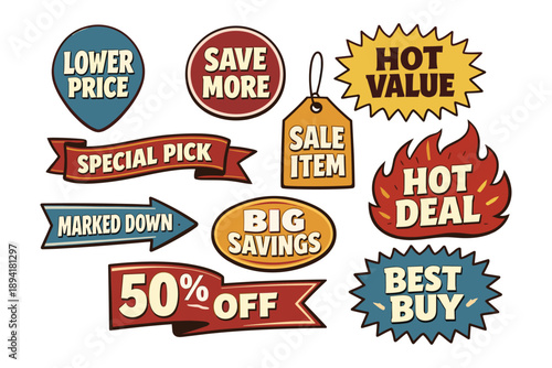 Assorted retro style sale labels with discounts and special offers