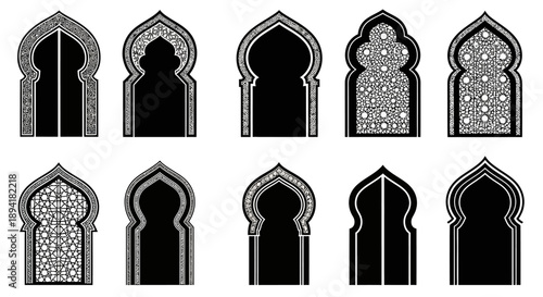 Monochrome collection of varied grunge textured architectural arches offering aesthetic potential