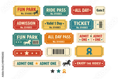 Collection of vintage and colorful admission tickets for fun park rides