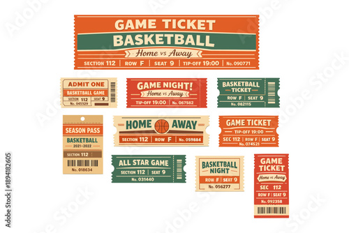 Retro basketball game tickets collection with various designs and colors