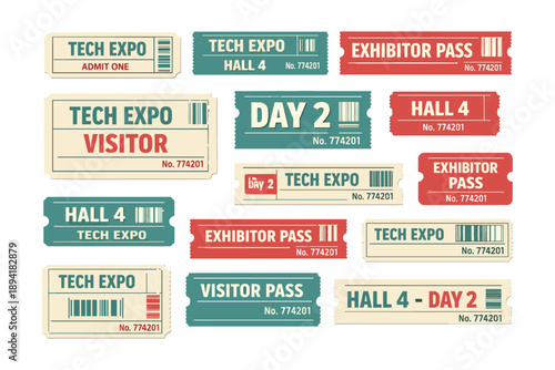 Colorful tech expo tickets and passes collection with various labels