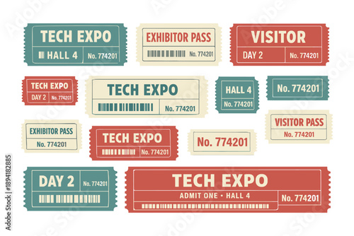 Tech expo tickets: visitor, exhibitor, day pass admittance in various colors and designs