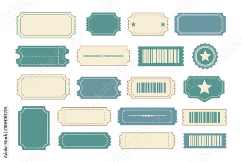 Collection of vintage ticket designs in various shapes and colors