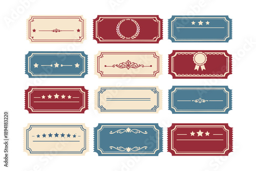 Vintage ticket stubs collection in red and blue with stars and decorative elements