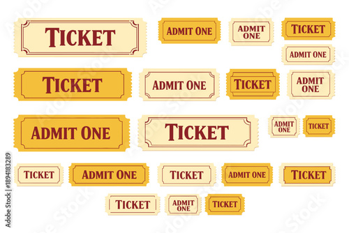 Collection of yellow and white admit one tickets in various sizes