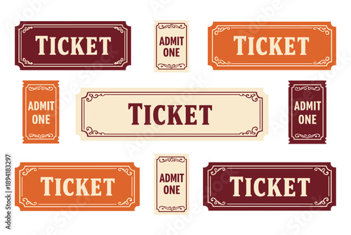 Retro admit one ticket collection in orange and maroon colors