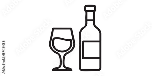 Wine glass and bottle vector icon, minimal outline style, simple beverage and alcohol symbol, isolated on transparent background
