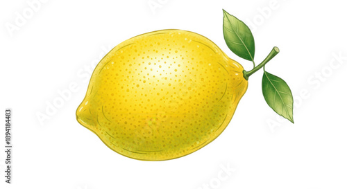 Bright Yellow Lemon with Green Leaves on Stem isolated PNG with Transparent Background