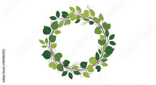 Green Leaf and Twig Wreath Circle Frame isolated PNG with Transparent Background