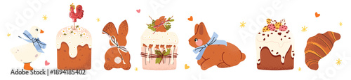 Cute Easter bakery vector set with festive cakes and pastries. Spring collection of glazed cupcakes and bunny, goose cookies. Perfect for cards, stickers, packaging, kids design and seasonal decor.