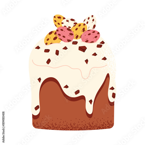 Cute glazed Easter cake vector with chocolate and eggs. Spring bakery illustration for festive packaging, stickers, greeting cards and seasonal decor.
