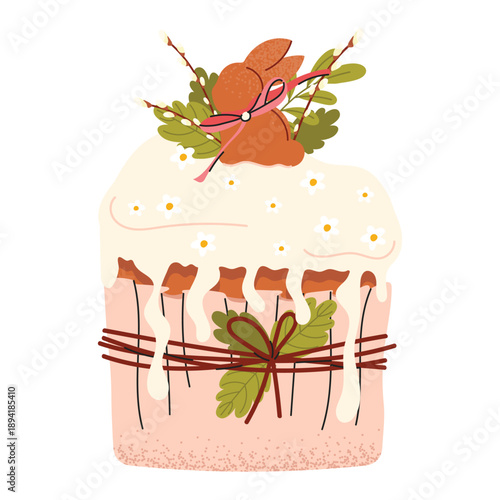 Cute Easter cake vector with glaze, bunny and flowers. Festive bakery illustration for packaging, stickers, greeting cards, kids design and seasonal decor.