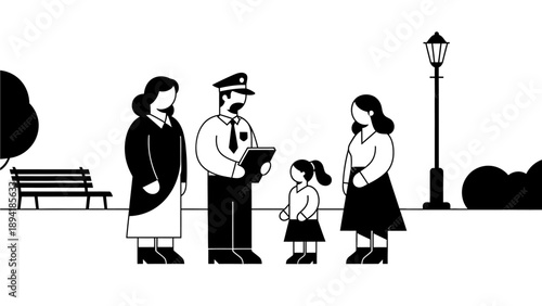A family of four, including two adults and two children, interacts with a police officer in a park setting with a bench and street lamp.