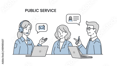 Illustration of a public service team collaborating with laptops and headsets in a simple line drawing style on a clean white background.