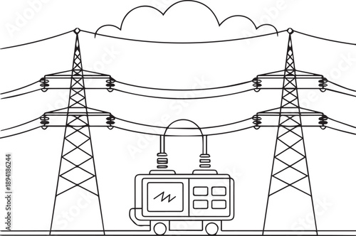 Electric train driving under power lines between two transmission towers in a landscape view