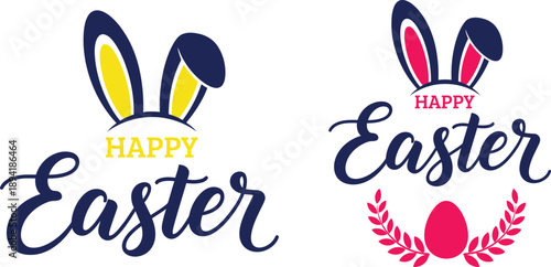 Happy easter bunny ears greeting cards with colorful eggs