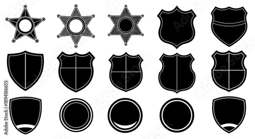 Collection of monochrome security and safety emblem designs for graphic usage and logo creation