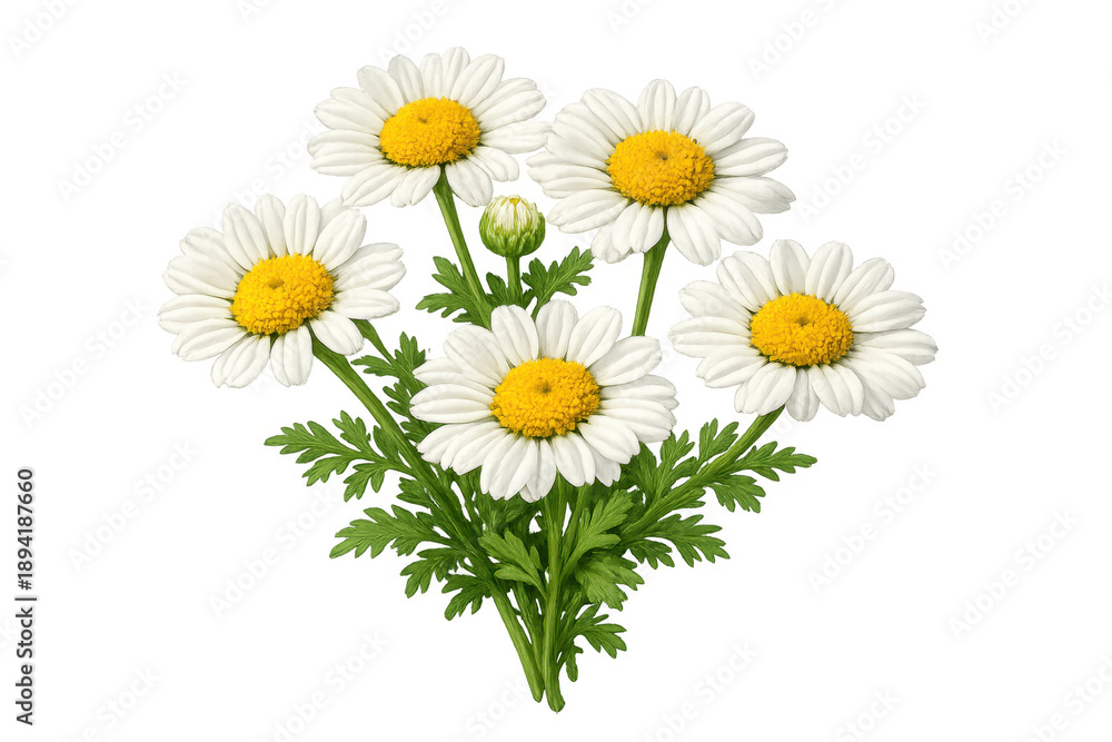 Obraz premium Chamomile daisy flowers bouquet illustration with fresh green leaves and a bud, transparent background