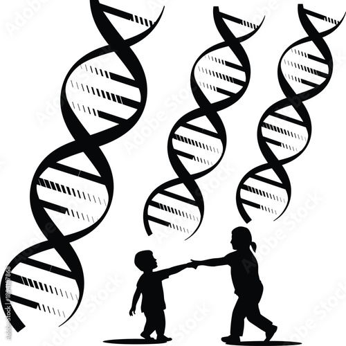 child, holding hands, dna strands, black and white, genetic, science,