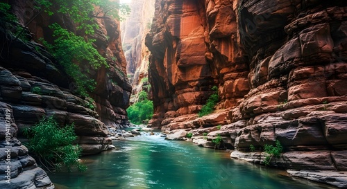 The virgin river flows through the towering red rock walls of the narrows in zion national park