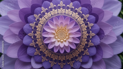 Close-up view of a vibrant purple dahlia flower enhanced with an intricate golden mandala pattern