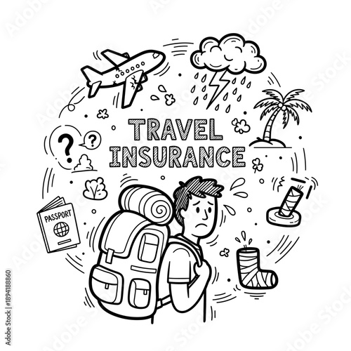 Travel insurance concept with backpacker and travel elements  