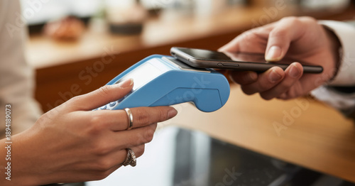 Ecommerce, hands and phone with POS machine for transaction, fintech payment and customer purchase. People, tech and tap to pay with internet banking for checkout process, B2C connection and sales